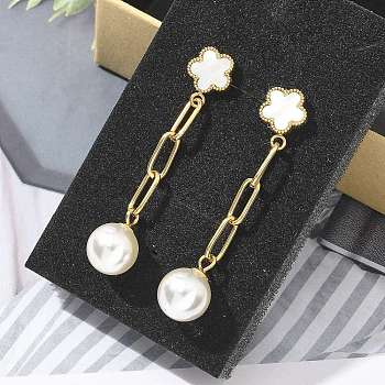 304 Stainless Steel Flower Dangle Stud Earrings, with 316 Stainless Steel Pins, Ion Plating(IP), with White Shell and Plastic Imitation Pearl, Golden, 46x9.5mm