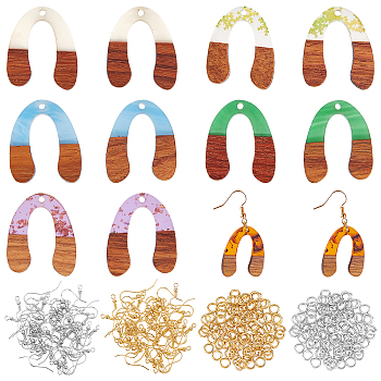 SUPERFINDINGS DIY 6 Pairs U Shape Resin & Walnut Wood Earring Makings, Including Pendants, Brass Earring Hooks & Jump Ring, Mixed Color, Pendant: 12pcs