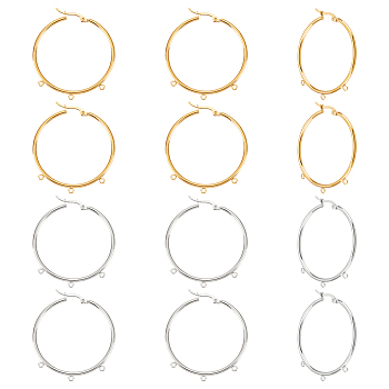 12Pcs 2 Colors 304 Stainless Steel Huge Hoop Earring Findings, with Latch Back Closure and Horizontal Loops, Ring, Golden & Stainless Steel Color, 12 Gauge, 45.5x40.5x2mm, Hole: 1.6mm, Pin: 0.8~1mm, 6Pcs/color