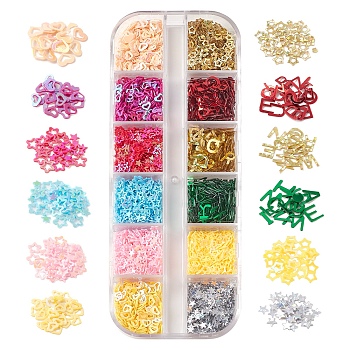 12G 12 Styles Ornament Accessories Plastic Paillette/Sequins Beads, Random Letter & Heart & Star, Mixed Color, 1.6~5.5x2.5~6x0.1~0.4mm, about 1g/style
