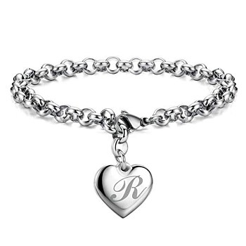 Adjustable Brass Charm Bracelets, Heart with Letter R, with Belcher Chain and Lobster Claw Clasps, Platinum, 8-1/2 inch(21.5cm)