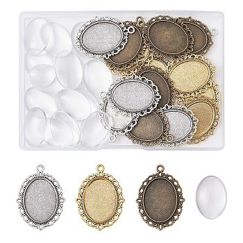 DIY Blank Oval Dome Pendant Making Kit, Including Tibetan Style Alloy Pendant Cabochon Settings, Glass Cabochons, Mixed Color, 30Pcs/box