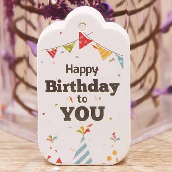 Paper Gift Tags, Hange Tags, For Arts and Crafts, Birthday Theme, Rectangle with Word Happy Birthday to You, White, 50x30x0.4mm, Hole: 3mm