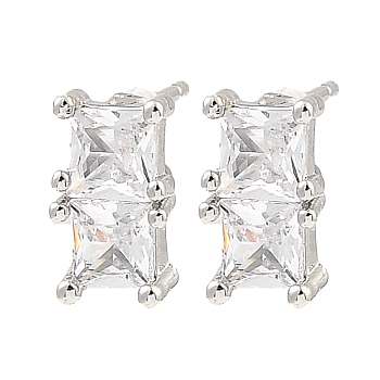 Brass Pave Clear Cubic Zirconia Rectangle Stud Earrings, for Women, Platinum, 10x5.5mm