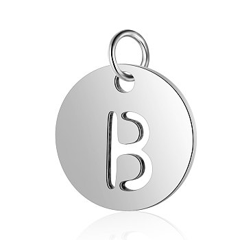 304 Stainless Steel Charms, Flat Round with Letter, Stainless Steel Color, Letter.B, 12x1mm, Hole: 2.5mm