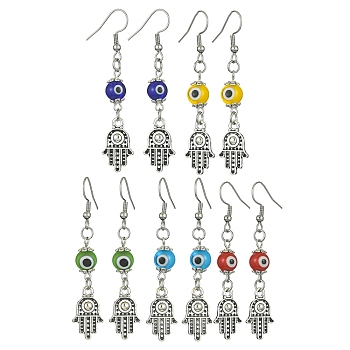 Evil Eye Lampwork Long Dangle Earrings, Antique Silver Alloy Hamsa Hand Earrings with 304 Stainless Steel Pins, Mixed Color, 60x12mm