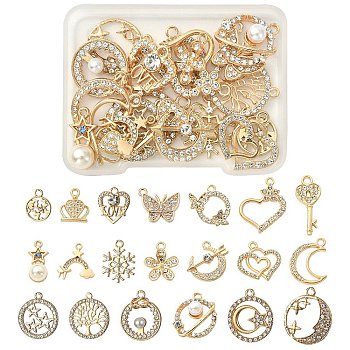 20Pcs 20 Style Alloy Crystal Rhinestone Pendants, with ABS Plastic Imitation Pearl Beaded, Heart & Tree & Butterfly & Moon & Crown Charms, Golden, 14~26x16~21x1.6~5mm, hole: 1.4~2.5mm, 1Pc/style