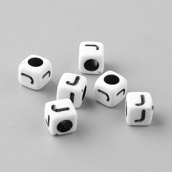 Opaque Acrylic Beads, Letter Style, Cube, Letter.J, 6x6x6mm, Hole: 3mm, about 3000pcs/500g