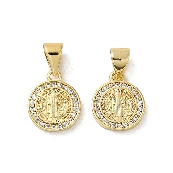 Rack Plating Brass with Cubic Zirconia Pendant, Cadmium Free & Lead Free, Flat Round, Real 18K Gold Plated, 12x10x2mm, Hole: 4x3.5mm
