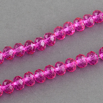Spray Painted Glass Bead Strands, Faceted, Rondelle, Hot Pink, 6x5mm, Hole: 1mm, about 87~90pcs/strand, 18.8 inch