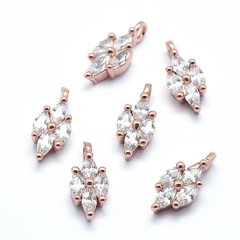 Brass Charms, with Cubic Zirconia, Cadmium Free & Nickel Free & Lead Free, Horse Eye, Clear, Real Rose Gold Plated, 12x5.5x3mm, Hole: 1.5mm