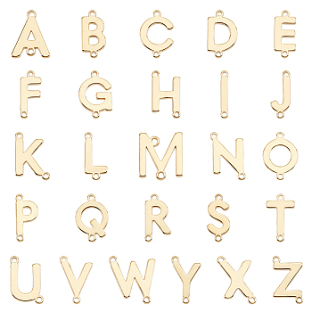 Elite 26Pcs 26 Styles Brass Connector Charms, Real 18K Gold Plated, Letter Links, Letter A~Z, 12~14x9.5~12.5x1.5mm, Hole: 1mm, 1pc/style