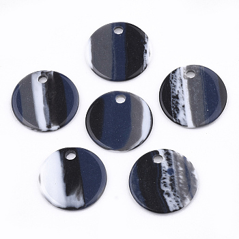 Resin Pendants, Flat Round, Stripe Pattern, Black, 15x1~1.5mm, Hole: 1.8mm