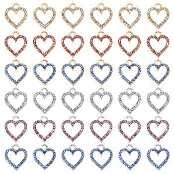 60Pcs 6 Colors Alloy Charms, with Rhinestone, Cadmium Free & Lead Free, Hollow Heart, Mixed Color, 17x15x2mm, Hole: 2.5mm, 10pcs/color