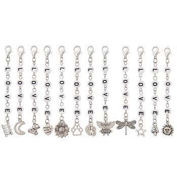 etan Style Alloy Pendant Decoration, with Acrylic Word Love Beads and Zinc Alloy Lobster Claw Clasps, Mixed Shapes, Antique Silver, 80~88mm, 12pcs/set