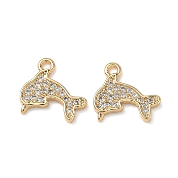 Brass Micro Pave Cubic Zirconia Charms, Dolphin Charms, Nickel Free, Real 18K Gold Plated, 12x12.5x2mm, Hole: 1.5mm
