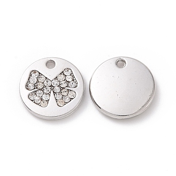 Alloy Charms, with Crystal Rhinestone, Flat Round with Bowknot, Platinum, 10x2mm, Hole: 1mm