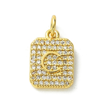 Rack Plating Brass Micro Pave Clear Cubic Zirconia Charms, Long-Lasting Plated, Lead Free & Cadmium Free, Rectangle with Letter Pattern, with Jump Ring, Real 18K Gold Plated, Letter C, 14x9.5x2mm, Hole: 3mm