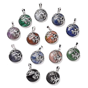 Natural & Synthetic Gemstone Pendants, with Platinum Tone Brass Findings, Cadmium Free & Lead Free, Mixed Dyed and Undyed, Flat Round with Elephants, 27~27.5x23~23.5x9mm, Hole: 8x5mm