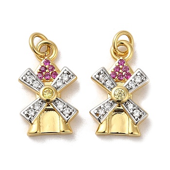 Rack Plating Brass Micro Pave Cubic Zirconia Pendants, Cadmium Free & Lead Free, Windmill, Real 18K Gold Plated, 15x9x3mm