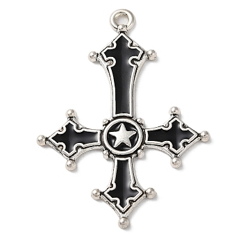 Alloy Pendants, with Black Enamel, Antique Silver, Cross with Star Charm, 53.5x38.5x2.5mm, Hole: 2.5mm