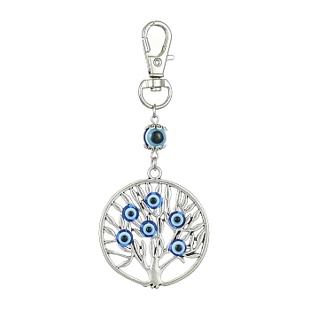 Alloy with Resin Evil Eye Pendant Decoration, with Alloy Swivel Lobster Claw Clasps, Tree of Life, 92mm