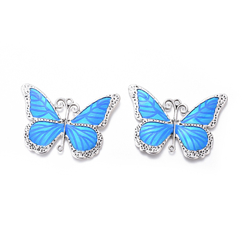 Alloy Enamel Big Pendants, Butterfly, Antique Silver, Deep Sky Blue, 64x86x3mm, Hole: 3.5mm and 2.5mm