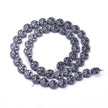 Non-magnetic Synthetic Hematite Beads Strands, Flat Round with Cross, 8.5x3.5~4mm, Hole: 1.2mm, about 50pcs/strand, 16.1 inch(41m)
