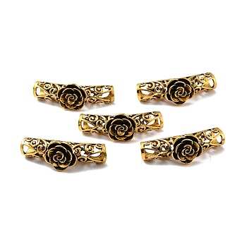 Tibetan Style Alloy Curved Tube Beads, Curved Tube Noodle Beads, Hollow, with Rose Flower, Antique Golden, 42x14mm, Hole: 7mm