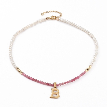 304 Stainless Steel Initial Pendants Necklaces, with Brass Beads, Natural Pearl Beads & Tourmaline Beads, Round, Golden, Letter.B, Letter B: 20x13x1.5mm, 16.53 inch(42cm)