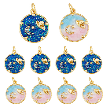 DICOSMETIC 8Pcs 2 Colors Rack Plating Brass Micro Pave Cubic Zirconia Pendants, with Enamel and Jump Ring, Cadmium Free & Nickel Free & Lead Free, Real 18K Gold Plated, Flat Round with Moon & Planet, Mixed Color, 16.5x14x2.5mm, Hole: 3.4mm, 4pcs/color