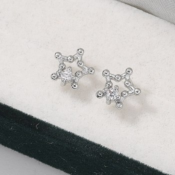 Brass Clear Cubic Zirconia Stud Earrings, Star, Platinum, 7.5x8mm