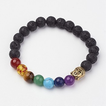 Lava Rock Beaded and Gemstone Beaded Stretch Bracelets, with Tibetan Style Alloy Buddha Head Beads, 2 inch(50~51mm)