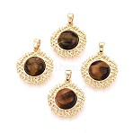 Natural Tiger Eye Pendants, Flat Round Charms with Brass Settings, Real 18K Gold Plated, 20x18x6~6.5mm, Hole: 4.5x2.5mm(KK-N287-04G)
