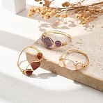 Copper Wire Wrapped Natural Amethyst & Rose Quartz & Red Jasper Braided Bead Rings for Women, Heart, 8.5mm, US Size 8 1/2(18.5mm), 3pcs/set(RJEW-JR00849)