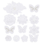 12Pcs 10 Styles Computerized Embroidery Organza Ornament Accesories, Flower Lace Appliques, Flower/Butterfly, White, 36~135x35~89x1~7.9mm(PATC-NB0001-45)