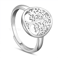 SHEGRACE 925 Sterling Silver Adjustable Rings, Flat Round with Tree of Life, Platinum, US Size 11 1/4(20.7mm)(JR737A)