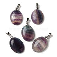 Natural Fluorite Pendants, Oval Charms with Rack Plating Platinum Plated Brass Snap on Bails, 30x21.5~22x6~6.5mm, Hole: 6x4mm(G-Z055-03P-16)