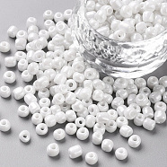 Glass Seed Beads, Opaque Colors Lustered, Round, White, 4mm, Hole: 1.5mm, about 4500pcs/pound(SEED-A012-4mm-121)