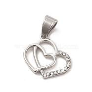 304 Stainless Steel Pendants, with Crystal Rhinestone, Bouble Heart Charms, Stainless Steel Color, 18x19.5x2.5mm, Hole: 7x5mm(STAS-K243-25P)
