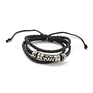 Braided PU Leather & Waxed Cords Triple Layer Multi-strand Bracelets, Alloy Beaded Bracelets, Tube, Inner Diameter: 2-1/4~3-3/4 inch(5.7~9.5cm)(BJEW-P329-08A-P)