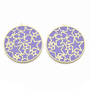Brass Enamel Pendants, Etched Metal Embellishments, Matte Gold Color, Flat Round with Star, Lilac, 42x40x0.3mm, Hole: 1.4mm(KK-N223-14D)