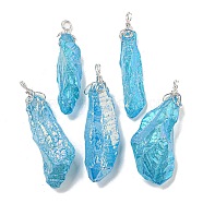 Electroplated Raw Rough Natural Quartz Crystal Big Pendants, Nuggets Charms with Copper Wire Loops, Silver, Deep Sky Blue, 40~48x13~23x10~20mm, Hole: 4.5~5mm(G-A229-02P-09)