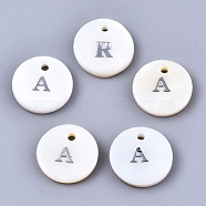 Natural Freshwater Shell Pendants, with Platinum Plated Iron Etched Metal Embellishments, Flat Round with Initial Letter, White, Letter.A, 11x2mm, Hole: 1.5mm(X-SHEL-Q018-01A-A-P)
