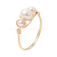 Natural Pearl Finger Rings, Copper Wire Wrapped Ring, Light Gold, US Size 8 1/2(18.5mm)(RJEW-JR00604-01)