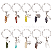 Double Terminated Point Gemstone Pendant Keychain with Tibetan Style Alloy Charm, with 304 Stainless Steel Keychain Clasp, 6.5~6.8cm, 10 style, 1pc/style, 10pcs/set(KEYC-AB00018)