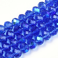 Electroplate Glass Beads Strands, Half Rainbow Plated, Faceted, Rondelle, Medium Blue, 6x5mm, Hole: 1mm, about 85~88pcs/strand, 16.1~16.5 inch(41~42cm)(EGLA-A034-T6mm-L26)