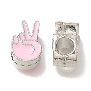 Rack Plating Alloy Enamel European Beads, Lead Free & Cadmium Free, Large Hole Beads, Yeah Victory Sign Gesture, Pink, 12x8x7mm, Hole: 4.5mm(FIND-H005-28P-01)