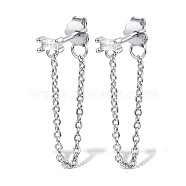 Rhodium Plated Platinum 925 Sterling Silver Chains Front Back Stud Earrings, with Rectangle Cubic Zirconia, Clear, 48x4mm(PA4661-8)