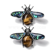 Tibetan Style Alloy Insect Brooches, with Natural Tiger Eye and Natural Paua Shell, Antique Silver, 36x56.5x13mm(JEWB-A021-03AS-03)